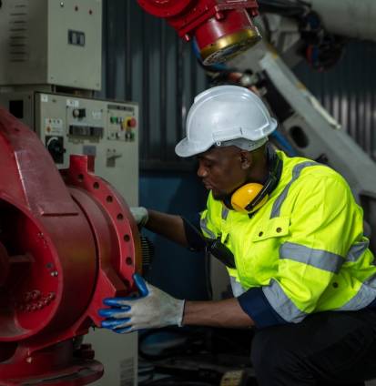 Engineer working and programming robotic arm in production plant factory,Modern machine automatic manufacturing industry concept.